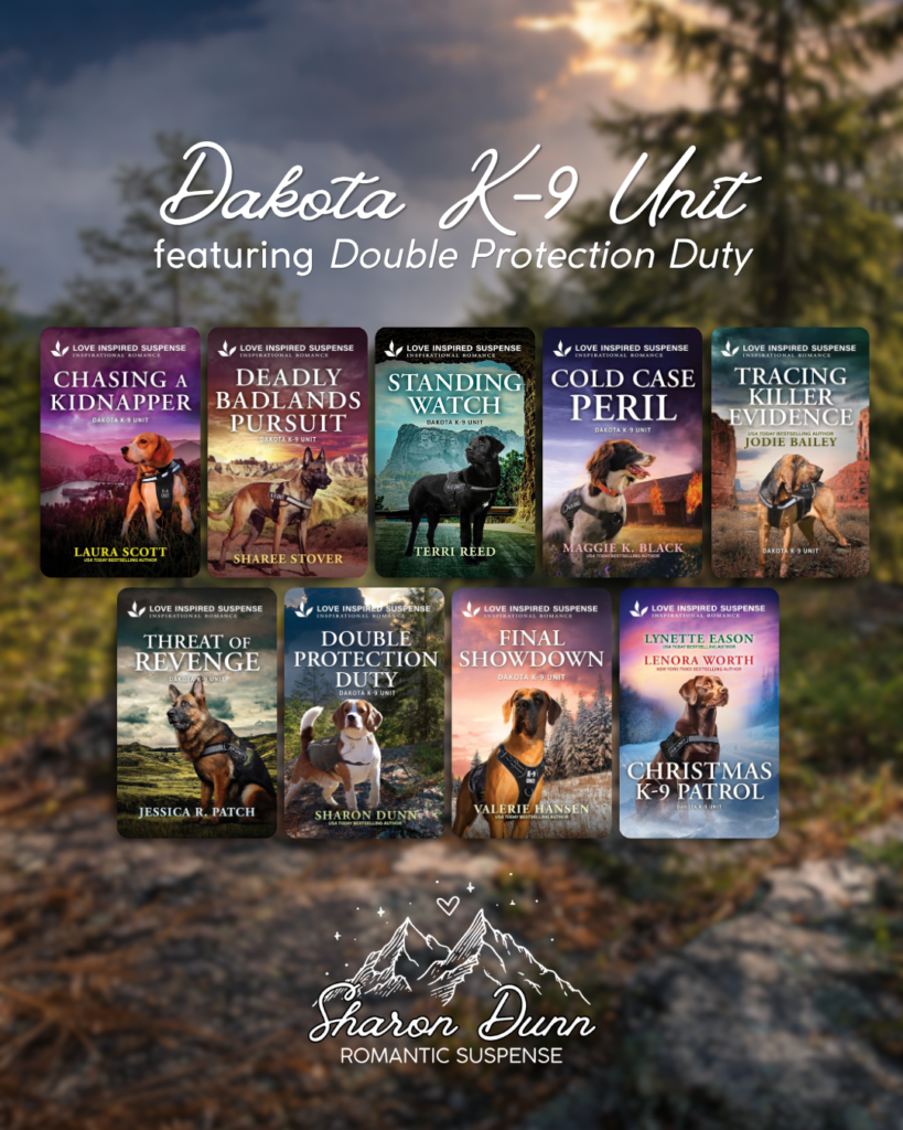 Dakota K-9 Unit series image featuring multiple Love Inspired Suspense book covers with K-9 officers, police dogs, and rugged settings including Badlands National Park, Mount Rushmore, Wind Cave National Park, and the Black Hills.