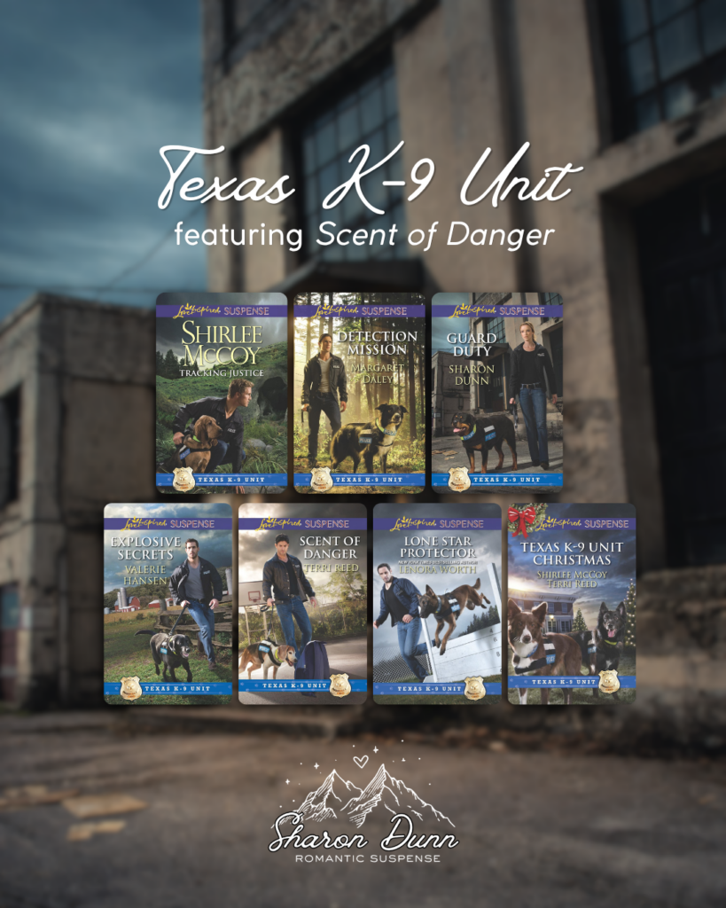 Texas K-9 Unit series graphic featuring seven Love Inspired Suspense novels, including Tracking Justice, Detection Mission, Guard Duty, Explosive Secrets, Scent of Danger, Lone Star Protector, and Texas K-9 Unit Christmas. The covers show law enforcement officers with trained police dogs in Texas settings, highlighting K-9 partnerships, crime investigation, and romantic suspense.